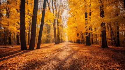 Autumn forest scenery with road of fall leaves & warm light illumining the gold foliage. Footpath in scene autumn forest nature. Generative Ai