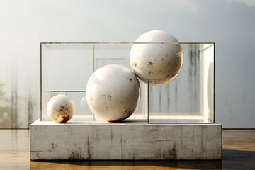 abstract sculpture of spheres and cubes made out of glass and marble and concrete - obrazy, fototapety, plakaty