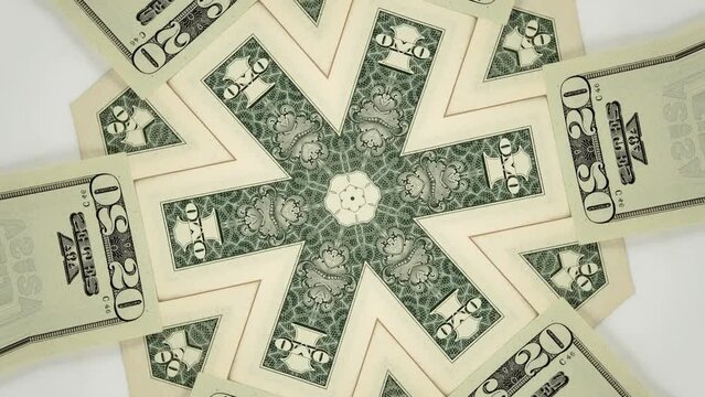 Kaleidoscope 1 American dollar mosaic, close-up banknotes US one dollar bills abstract money background.	