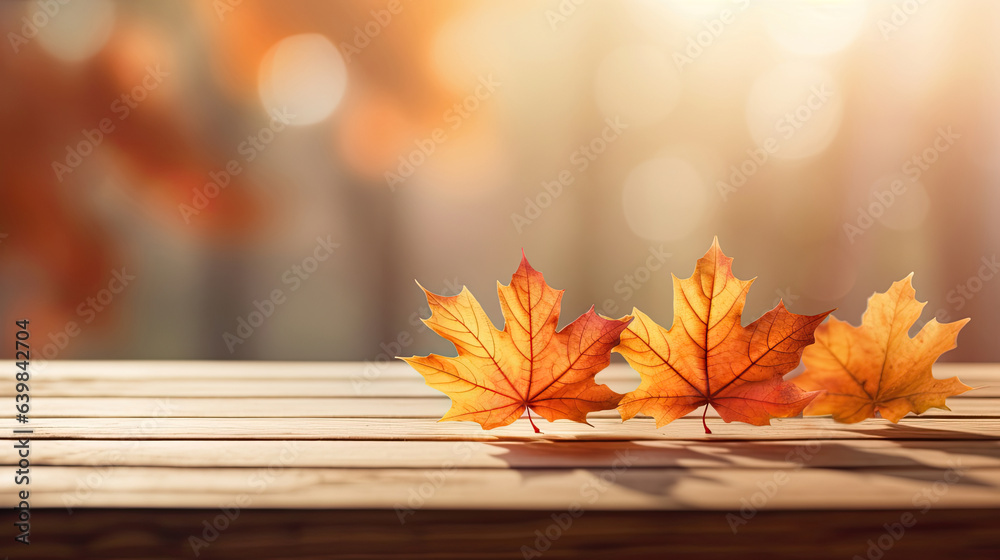 Wall mural autumn maple leaves on wooden table for fall blurred background. generative ai