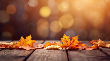 Naklejka na ściany i meble Autumn maple leaves on wooden table for fall blurred background. Generative Ai