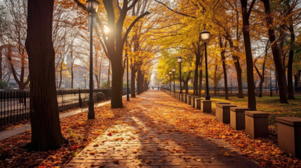 Fototapeta na wymiar Autumn, Pathway in beautiful autumn city background. Generative Ai