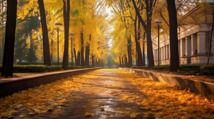 Naklejka na ściany i meble Autumn, Pathway in beautiful autumn city background. Generative Ai