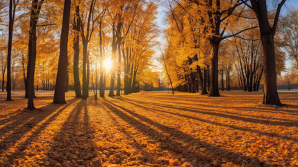 Fototapeta premium Autumn, Golden autumn scene in a park, with falling leaves, the sun shining through the trees and blue sky. morning sunlight. Generative Ai