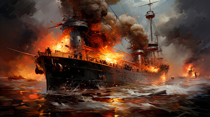 A Ship on Fire during a naval battle