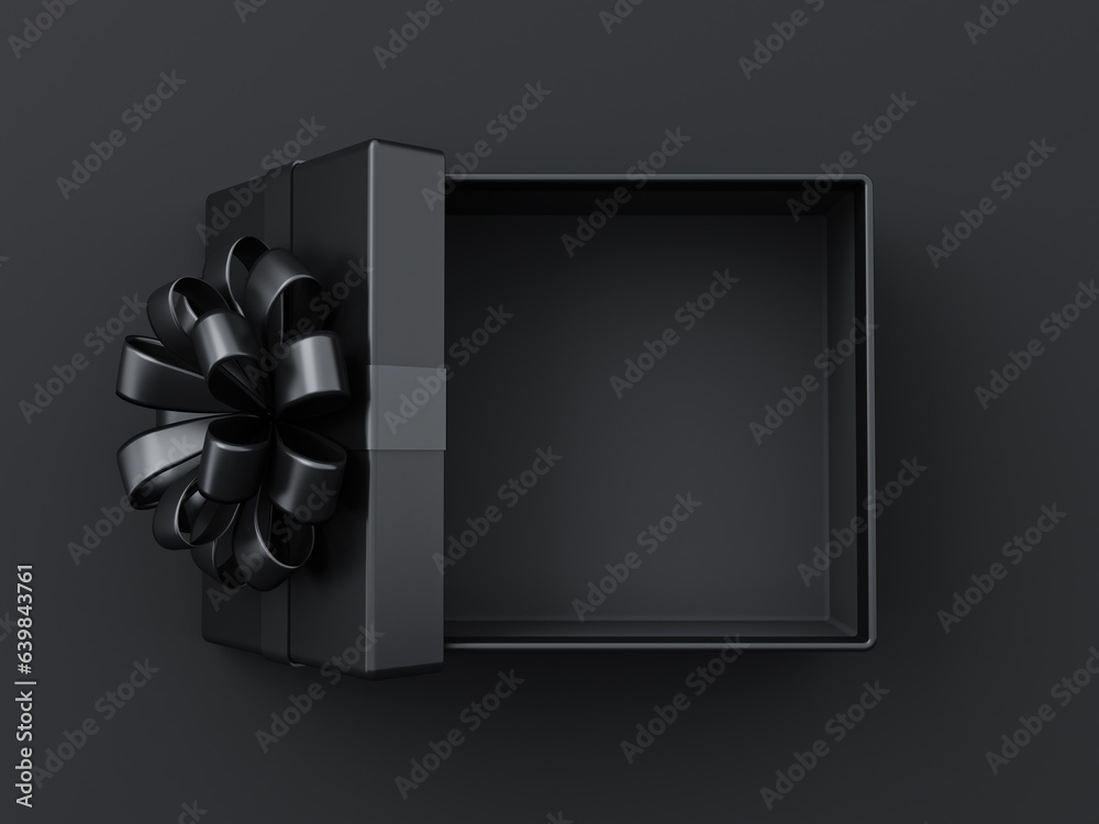 Fototapete blank open black present box or top view of opened black gift box with black ribbons and bow isolate