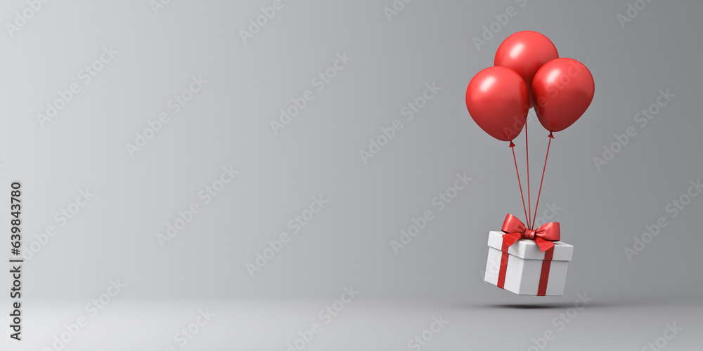 Aufkleber White present box with red ribbon bow or gift box with red balloons isolated on gray background with shadow and blank space 3D rendering