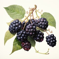 A detailed watercolor botanical illustration of a cluster of blackberries, depicting their deep purple color and textured surface