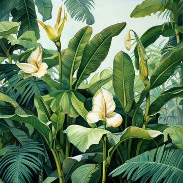 A delicate watercolor exotic botanical illustration of a flowering banana plant, showcasing its lush leaves and vibrant blossoms