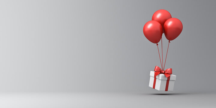 White present box with red ribbon bow or gift box with red balloons isolated on gray background with shadow and blank space 3D rendering