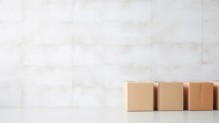 a row of cardboard boxes against a white wall, relocation.
