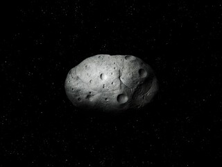 Large space rock. Near-Earth asteroid with craters. Celestial object on a black background. © Nazarii
