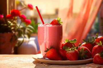 Glass of strawberry milkshake with strawberries on plate.