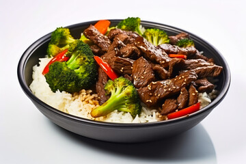 Plate of beef and broccoli on rice with peppers.