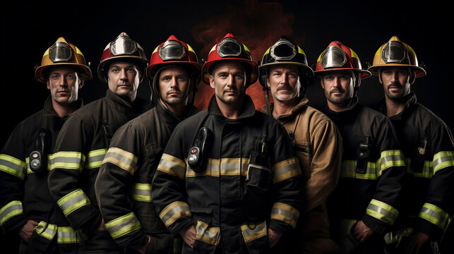 photorealistic shot, copy space, rule of thirds, photorealistic shot, group of attractive fit young firemen posing for a calendar shoot. Group of firefighters posing.