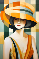 Image of woman wearing large hat with yellow ribbon.