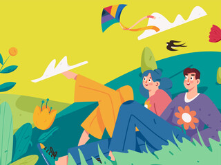 24 solar terms, beginning of spring, rain, stung, spring breeze, qingming, valley rain, flat character vector concept, operation, hand-painted illustration
