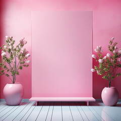 Pink background with wall and floor, empty place frame template for text or product display and flower pots, front view