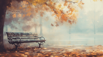 a bench in an autumn park landscape in the morning fog and tranquility background with a copy of space. - obrazy, fototapety, plakaty