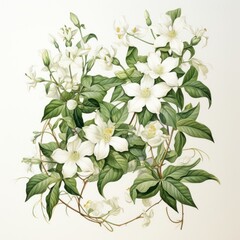 A graceful watercolor botanical illustration of a jasmine vine, showcasing its delicate white flowers and climbing tendrils - obrazy, fototapety, plakaty