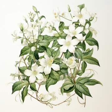 Fototapeta A graceful watercolor botanical illustration of a jasmine vine, showcasing its delicate white flowers and climbing tendrils