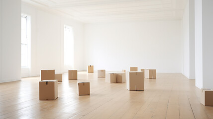 cardboard boxes in a large empty bright room, relocating.