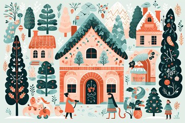 Generative ai, illustrations of happy cozy Christmas in the style of polychrome terracotta.