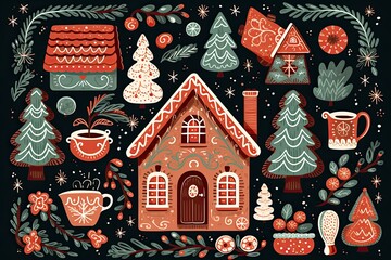 Generative ai, illustrations of happy cozy Christmas in the style of polychrome terracotta.