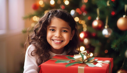 Happy christmas girl with gift and copy space