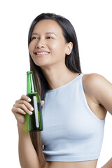 Asian American celebrating while holding a bottle of delicious beer