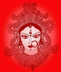 Happy Durga Puja Greeting including graphic image of hand made painting of Goddess Durga with copy space. 