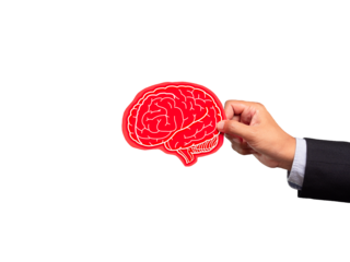 Close-up of hand holding a brain symbol made from red paper while standing on a transparent background.