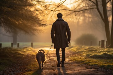 Man walking his dog in a park, enjoying a peaceful morning, autumn season - Pet ownership and nature - AI Generated
