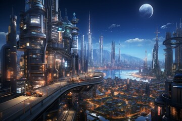 Fototapeta na wymiar Neon Cyberpunk Cityscape. Futuristic Skyscrapers at Night.