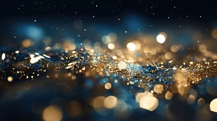 Fotobehang abstract background with Dark blue and gold particle. Christmas Golden light shine particles bokeh on navy blue background. Gold foil texture © Rayhanbp