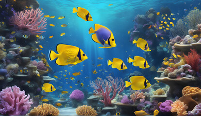 Fototapeta na wymiar A whimsical underwater world with colorful coral reefs and schools of tropical fish.