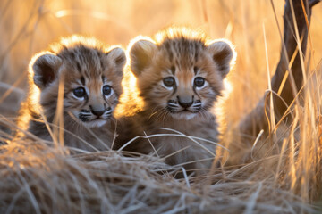 A cute baby cheetah is playing cheerfully. Animal concept suitable for life and growth. - obrazy, fototapety, plakaty