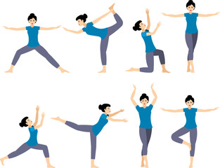 Set of gymnast poses. A young girl in a blue t-shirt is doing gymnastic exercises. Acrobatic poses.