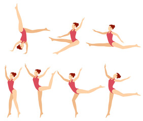 Set of gymnast poses. Young gymnast in red makes exercises. Acrobatic poses.