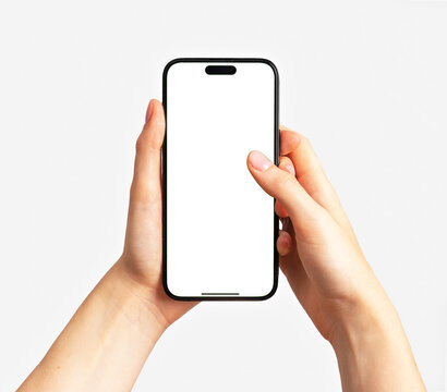 Hand holding smart phone screen mockup, scrolling with thumb finger, iphone 14 mock up isolated on white background