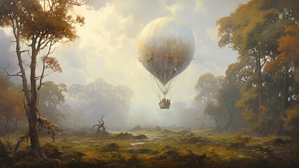 vintage aerostat flies over a swamp landscape mysterious lost island fantasy world.