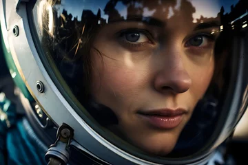 Fototapeten closeup of female astronaut's face with reflections in glass white metal space helmet  © Ricky