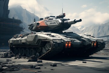 A futuristic tank sitting in an urban city