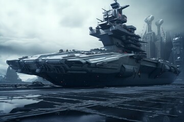 Futuristic armored tank parked near mountains