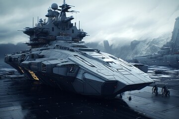 Aircraft carrier. Ship in the cloudy day