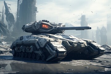 A futuristic tank sitting in an urban city
