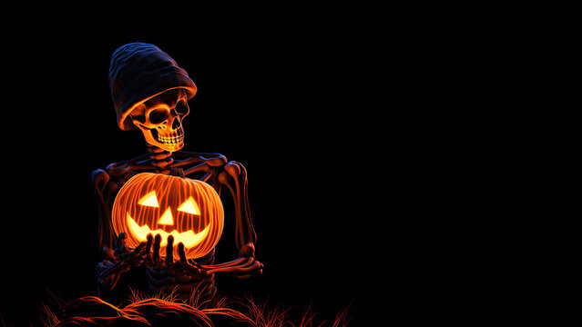Skeleton holding a Halloween pumpkin. Copy space.