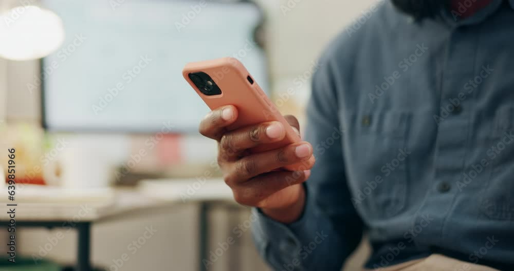 Poster typing, hand and person with a phone in an office for a search, online chat or email on a website. c