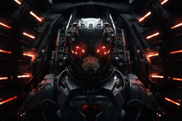 Fototapeta premium Eternal Voyager's Helm: Android in Shiny Armor Guides the Interstellar Odyssey from the Glittering Cockpit