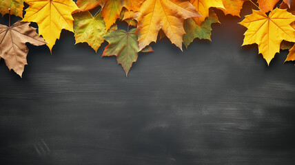Naklejka na ściany i meble background frame school chalkboard black framed with yellow autumn leaves.